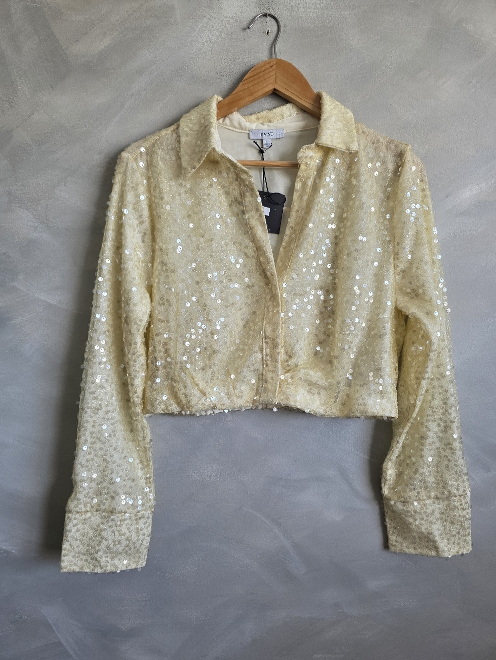 EVNL Ivory Crop Sequin Blouse Jacket Top Sz L Festival Party